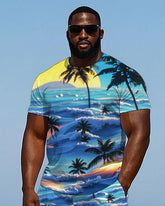 Big Men's Hawaiian Seaside Sunset Coconut Trees Printed Short Sleeve T-shirt and Shorts Set